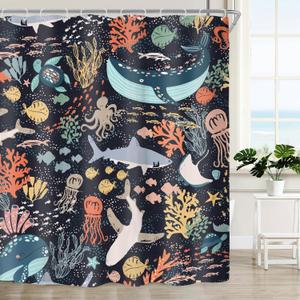 Riyidecor Kids Sea Animal Shower Curtain for Bathroom Decor 72Wx72H Funny Shark Fish Cartoon Fun Underwater Blue Ocean Turtle Whale Nature Art Printed Fabric Polyester Waterproof 12 Pack Plastic Hooks