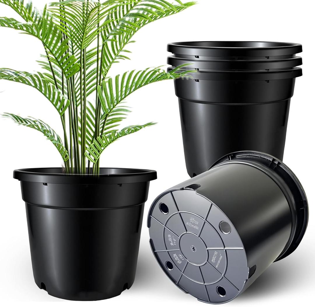 5 Gallon Pots for Plants, 5 Pack 12 Inch Round Sturdy Plastic Plant Pot Planters with Drainage Holes for Outdoor Indoor Plants, Flowers, Black
