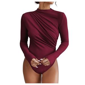 SweatyRocks Women's Bodysuit Mock Neck Casual Ruched Long Sleeve Jumpsuit Burgundy Small