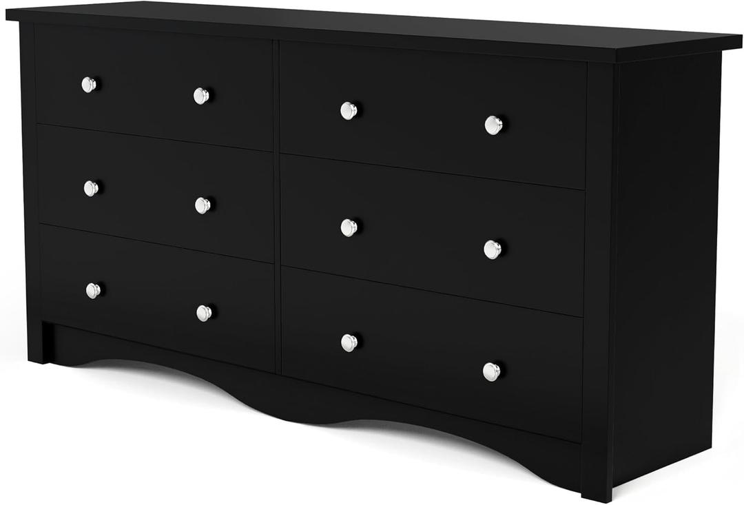 Furniwell 6 Drawer Dresser for Bedroom, Wood Dresser Wide Storage Organizer for Living Room Hallway Closets (Dark Black)