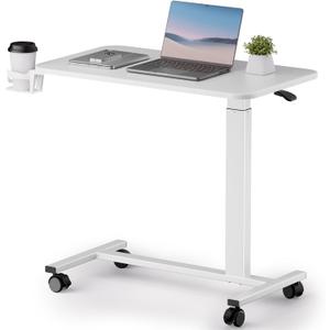 COMHOMA Adjustable Overbed Bedside Table with Lockable Wheels, Pneumatic Mobile Standing Laptop Desk, Small Standing Desk Portable Rolling Overbed Table Hospital Home Use(32" W x 18" D, White) (Large)