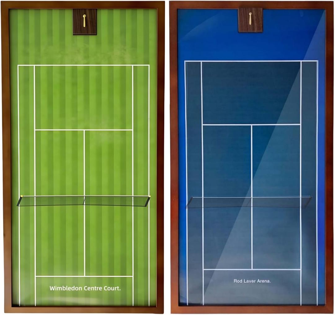 Wooden Tennis Racket Display Frame with Wimbled+Australian Backgrounds, 16x31.5 inches