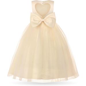 Uhnice Flower Girl Pearl Dress Tulle Ball Gown Bow Prom with Heart Cutout for Wedding Birthday Party (2-3T, Champagne)