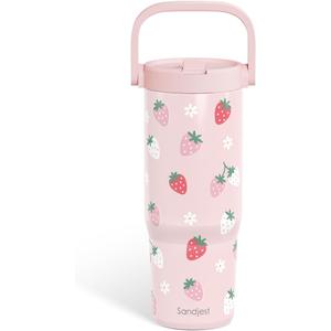 SANDJEST Strawberry Stainless Steel Straw Lid Tumbler 30oz with Carry Handle for Women Girls, Insulated Travel Coffee Cup, Gift for Sports Workout Christmas Birthday