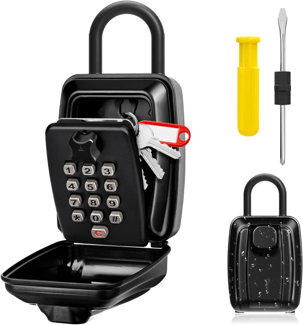Key Lock Box for Outside, Sturdy Waterproof Hanging Lock Box for House Key, 12-Digit Combination Resettable Large Capacity Security Lockbox for Home, Garage, Office, Warehouse