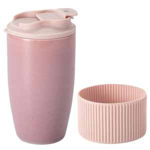 Ceramic Travel Coffee Mug with Polypropylene Lid and Insulated Sleeve, 16 oz, Portable Coffee Cup for Car Cup Holder, Transmutation Glaze Microwave and Dishwasher Safe(Pinkish Purple)