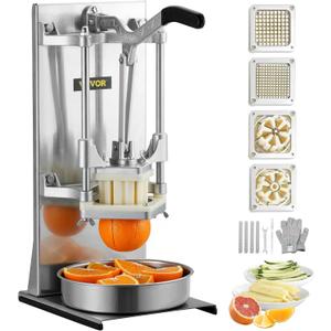 VEVOR Commercial French Fry Cutter with 4 Replacement Blades, 1/4 and 3/8 Blade Easy Dicer Chopper, 6-wedge Slicer and 6-wedge Apple Corer, Lemon Potato Cutter for French Fries with Extended Handle