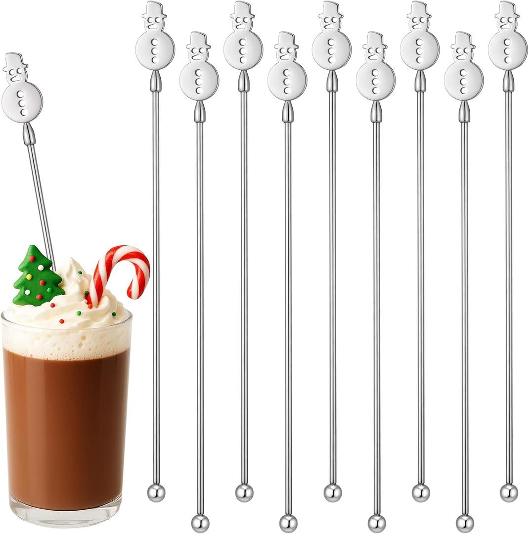 10 Pcs Winter Snowman Drink Stirrers Stainless Steel Christmas Coffee Stirrers Metal Reusable Swizzle Sticks Snowman Cocktail Stir Stick Chocolate Hot Cocoa Supplies for Winter Party Decor