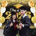 Gold Black Graduation Backdrop Decorations 2026 7x5ft Class of 2026 Congratulations Banner Congrats Grad Graduate Backdrop Banner for 2026 Graduation Party Decorations Background (84x60inch)