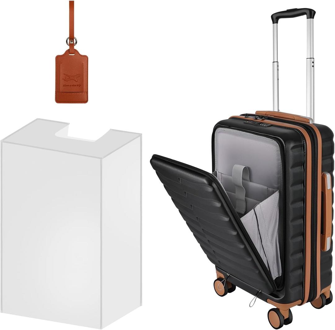 22149 Airline Approved Carry On Expandable Luggage with Front Open Pocket, Spinner Wheels, ABS+PC Hardshell Small 20inch Suitcase with Protective Cover and Luggage Tag, Black