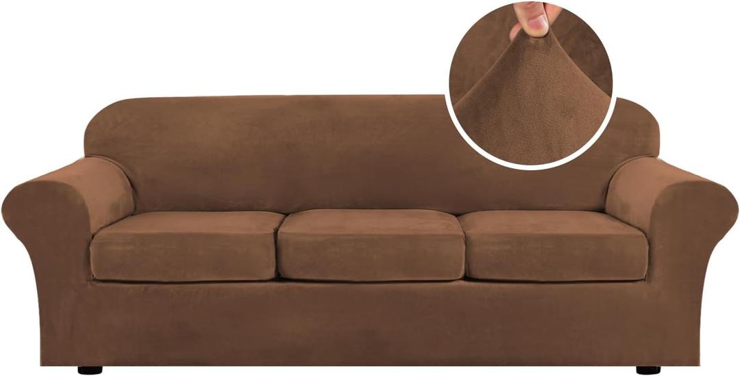 H.VERSAILTEX Velvet 4 Piece High Stretch Sofa Slipcover Cover Furniture Protector Form Fit Luxury Thick Velvet Extra Large Sofa Cover for 3 Cushion Couch Width Up to 97 Inch (XL Sofa, Caramel)