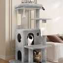 FC50 Cat Tree Tower for Indoor Cats, 50-inch Adult Cat Tree House for Large Adult Cats with Steps, Scratching Post, 2 Cat Caves, Dangling Toys, Light Grey (50inch)