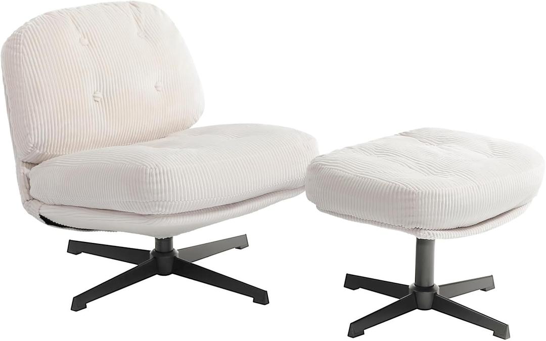 HollyHOME Modern 360Swivel Accent Chair with Ottoman, Upholstered Comfy Reading Chair and Footstool, Fabric Lazy Chair with Soft Cushion, Lounge Sofa Chair for Living Room, Bedroom, Beige