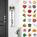 Sintuff Holiday Interchangeable Welcome Sign for Front Door Wood Porch Sign with 24 Pcs Seasonal Icons Home Farmhouse Holiday Welcome Outdoor Festival Seasonal Decoration(White,Cute)