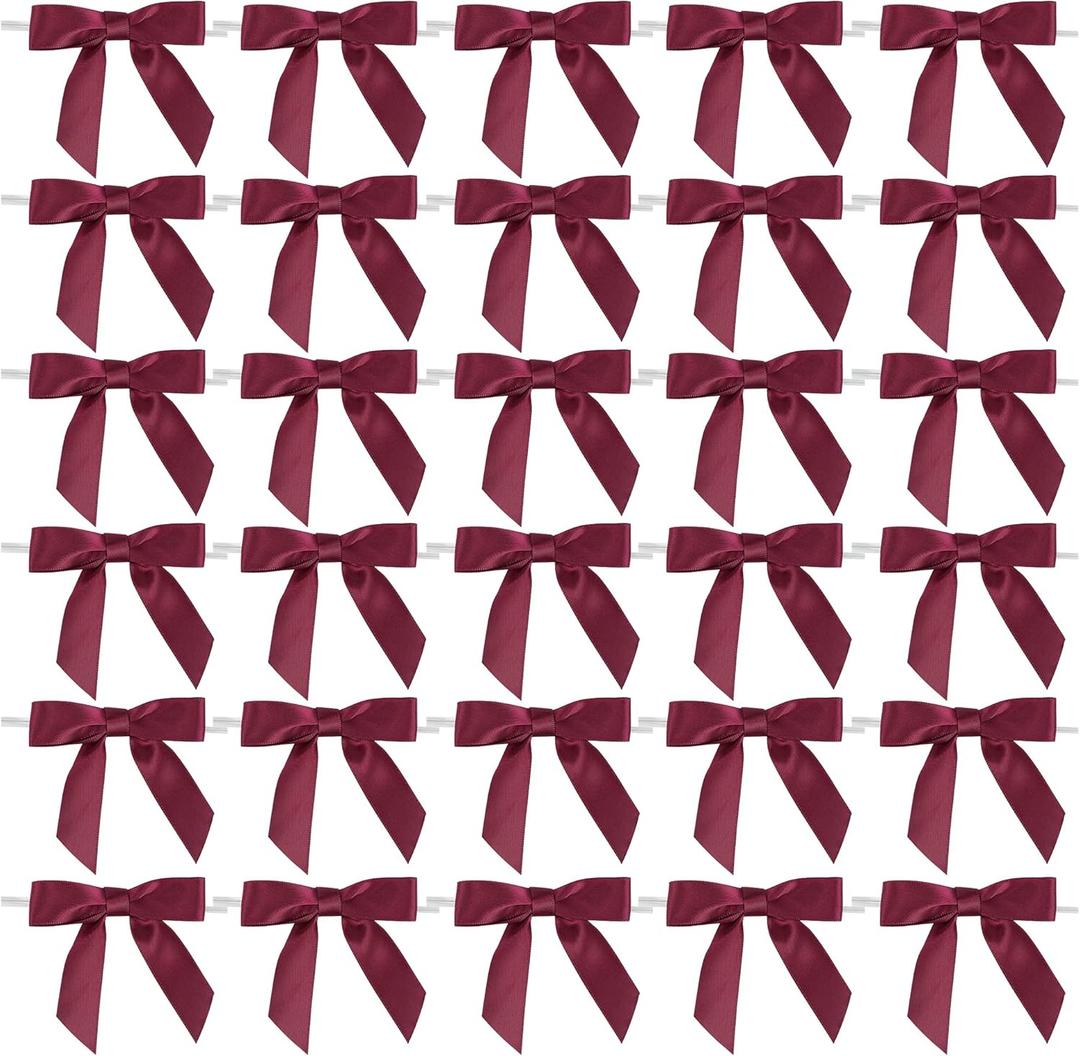 AIMUDI Burgundy Twist Tie Bows - 2.5" Pre Tied Maroon Bows - Premade Satin Gift Bows for Crafts, Wine, Treat Bags, Gift Wrapping, Wedding, Baby Shower, Party Favors, Christmas Tree Decor - 50 Counts