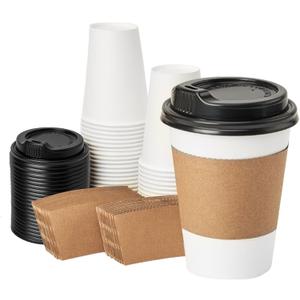 RACETOP 12 oz 50 pack Disposable Paper Coffee Cups with Lids and Sleeves (White)