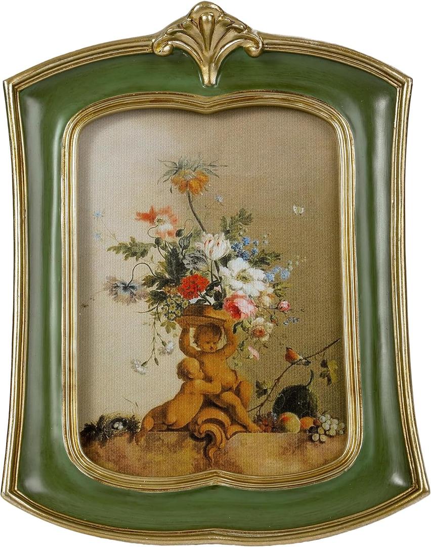 Vintage Picture Frame 5x7 Antique Ornate Photo Frame Tabletop and Wall Hanging Old-Fashioned Style, Decorative Retro Design Home Decor, Photo Gallery, Art, Green