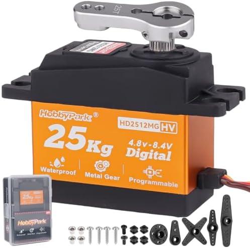 HobbyPark 25KG High Torque RC Servo Waterproof Full Metal Gears Steering Servo for 1/8, 1/10, 1/12 RC Cars Trucks Crawlers Robotic with 25T Servo Horn 180° Degree Programmable 8.4V HV (25kg Torque)