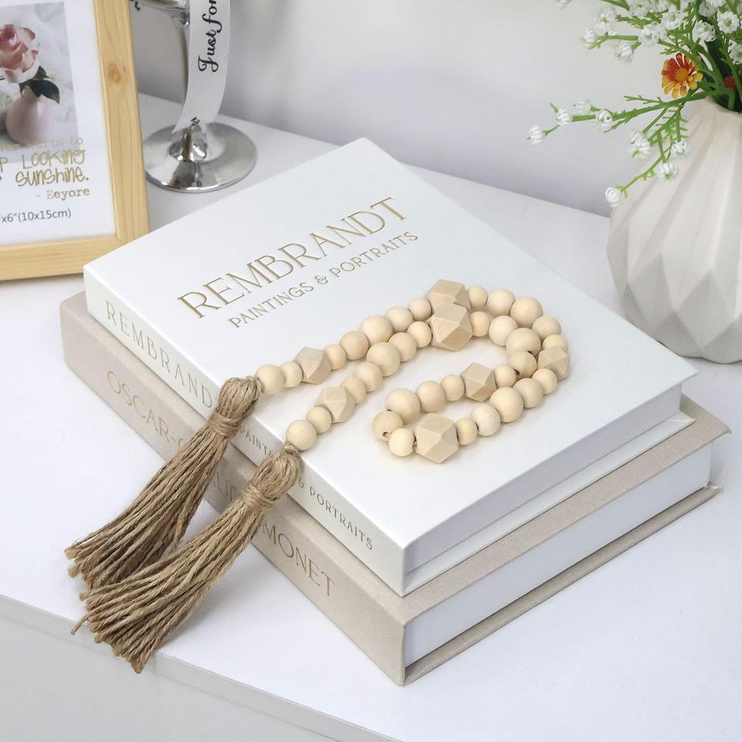 Decorative Books for Home Decor, Coffee Table Books Decor, 2 Linen Faux/Fake Books with Beads for Farmhouse Decor, Bookself, Mordern Room Decor Aesthetic