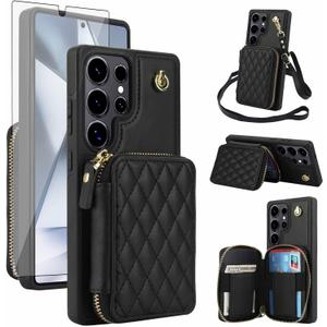 Phone Case for Samsung Galaxy S24 Ultra 5G Wallet Cell Cover with Tempered Glass Screen Protector Wrist Crossbody Strap RFID Blocking Credit Card Holder TPU S24Ultra 24S S 24 24Ultra Women Girls Black