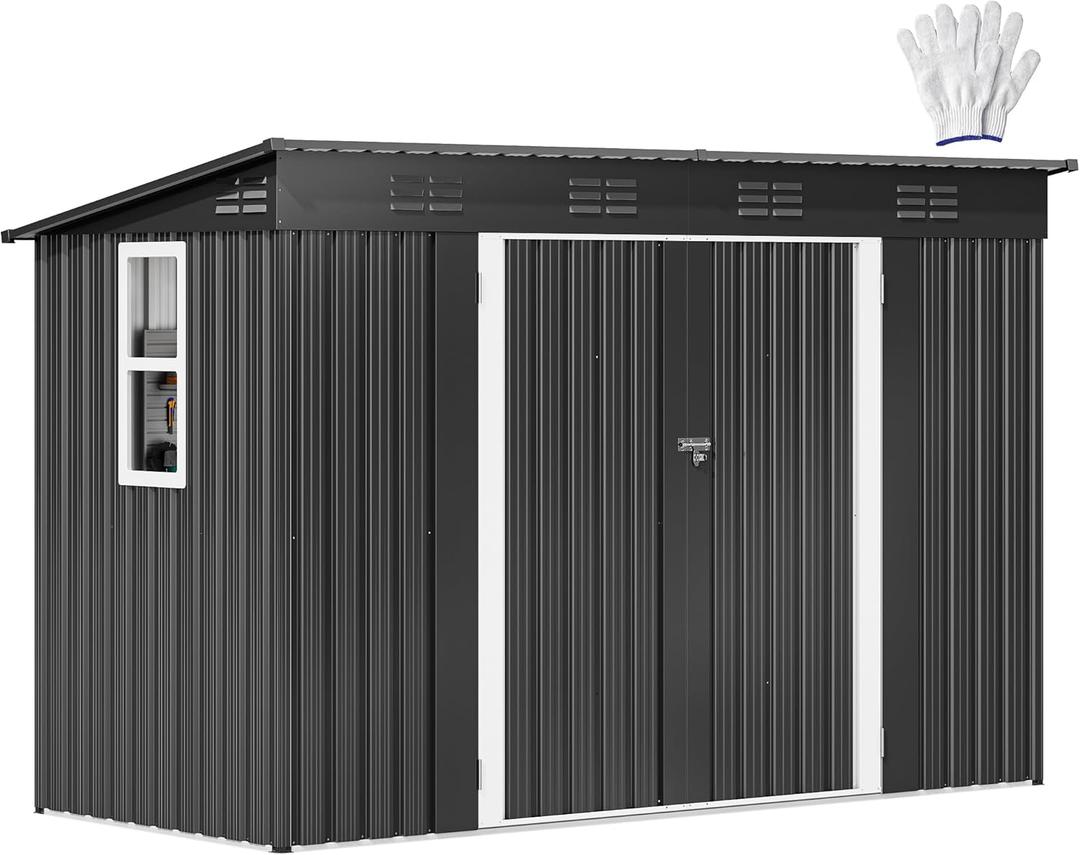 DWVO 9.1x4.2ft Large Tool Storage Shed with Window, Lockable Doors, and Sloped Roof, Oversized Steel Outdoor Storage Shed for Garden, Patio, Garage, Backyard, Lawn - Dark Gray