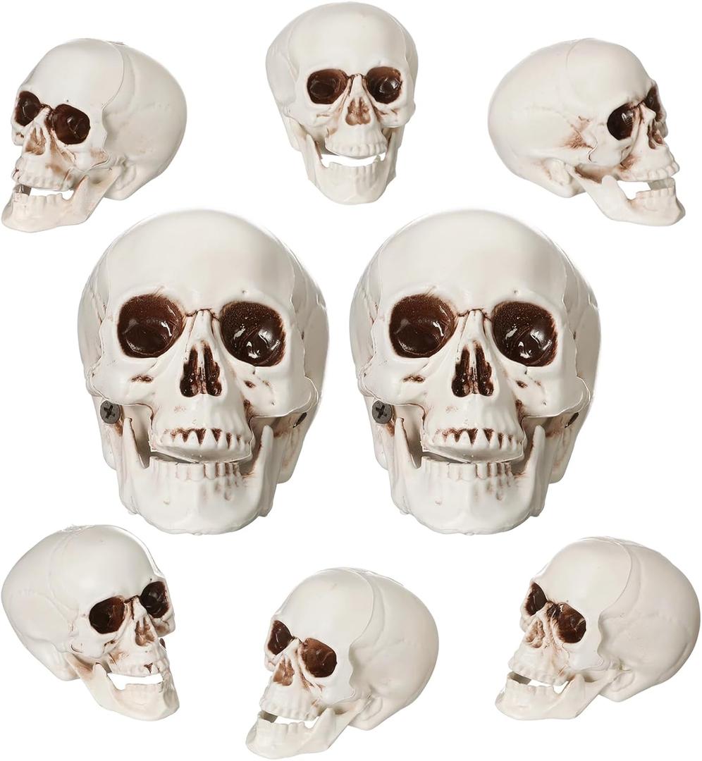 8 Pcs Skull Heads Halloween Decor Include Life Size Skeleton and Small Plastic Skulls with Moveable Chins for Halloween Party Props Table Graveyard Outdoor Home Decor Gift (4.9''&2.9'')