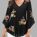 Womens Dressy Blouse V Neck Double Layers Elastic Mesh Casual Flowy Work Shirts Ruffle 3/4 Flared Sleeve Tunic Tops Large