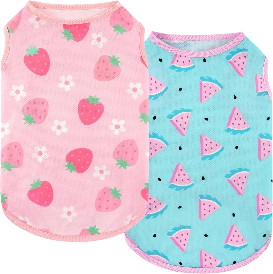 2 Pack Summer Dog Cooling Shirt Breathable Quick Dry Dog T Shirts Sun Protection Tank Top for Small Medium Large Breeds (Strawberry+Watermelon, X-Small)