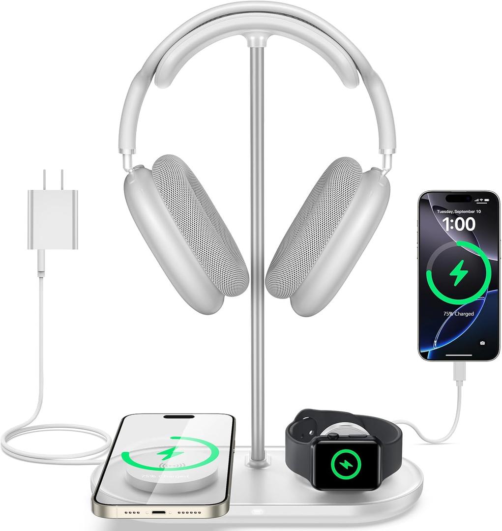 TopMade Airpod Max Charger Stand with 15W Wireless Charger, 4 in 1 Headphone Stand Headset Holder for AirPods Max/Pro/iWatch/Vision Pro, iPhone 17/16/15/14/13/12/11/X for Desktop Gaming Holder, White
