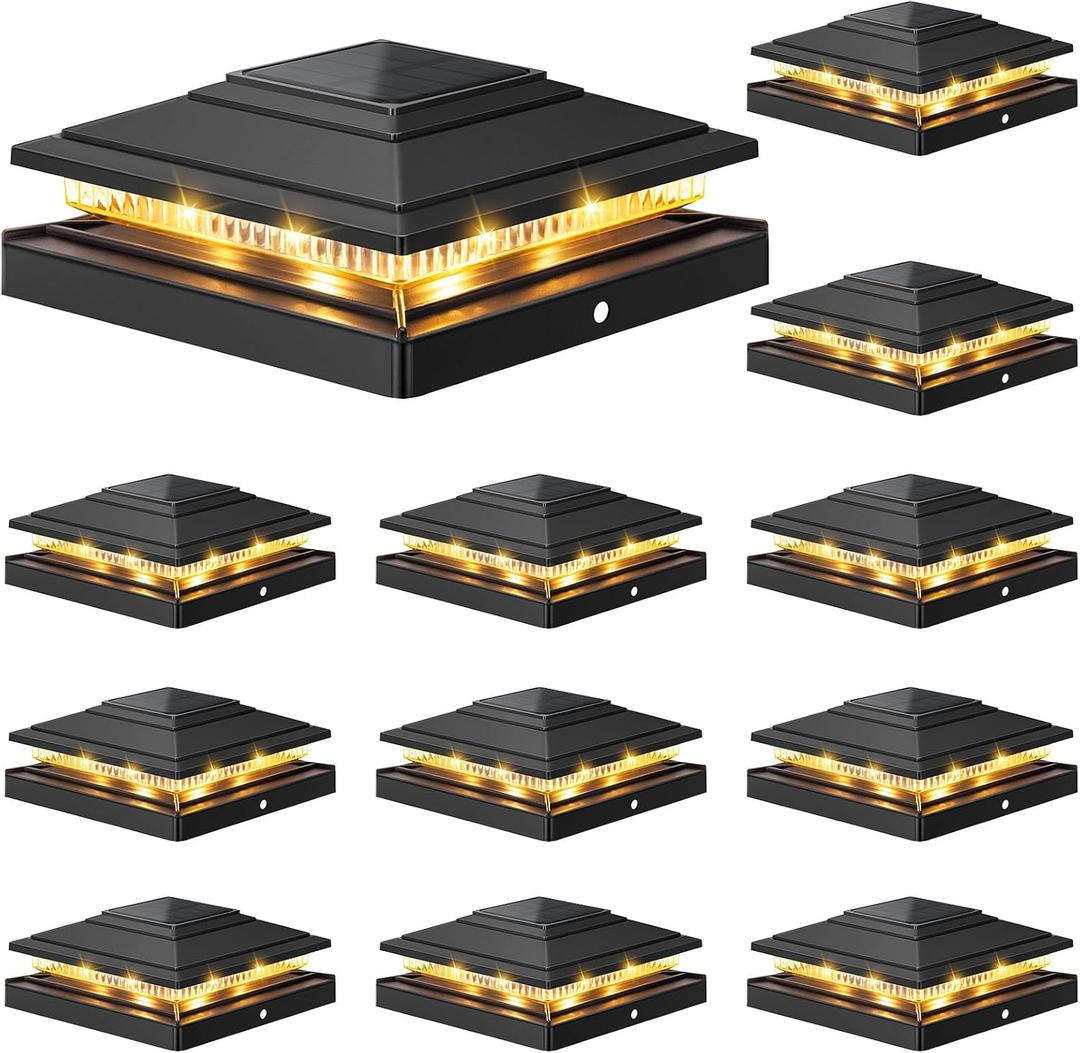 APONUO Solar Post Cap Lights 12-Pack, Black IP64 Waterproof 16 LED Fence Post Solar Lights for 4x4 5x5 6x6 Wood/Vinyl Posts, 2-Mode Deck Post Lights Solar Powered, 10-Hr Lighting for Patio Yard Porch