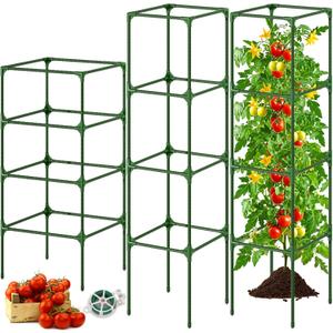 Fabulas Tomato Cage, Square Tomato Trellis Plant Support Stake Cages for Garden and Pots Tall Up to 63 Inch Adjustable Cucumber Trellis for Raised Bed Outdoor Climbing Plants Vegetables Flower, 3 Pack