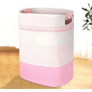 AINUOQI Laundry Basket with Handles - Blanket Basket & Hampers for Bedroom Aesthetic, Laundry Hamper & Blanket Storage for Living Room, Clothes Hamper, Tall, Large 17" x 14" x 22, Pink & White (85L)