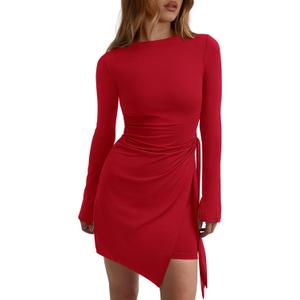 PRETTYGARDEN Women 2025 Mini Bodycon Dresses Long Sleeve Ruched Fitted Short Night Out Trendy Party Club Outfits Fall Clothes (Red)