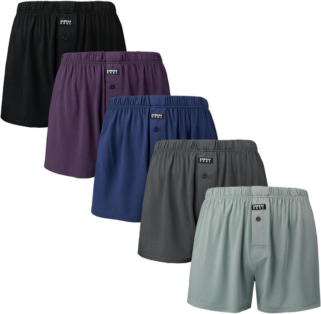 BAMBOO COOL Men's Boxers Underwear Boxer Shorts for Men Classic Loose Stretch Short (Large, Blue, Grey, Blue Grey, Purple, Black(5-pack))