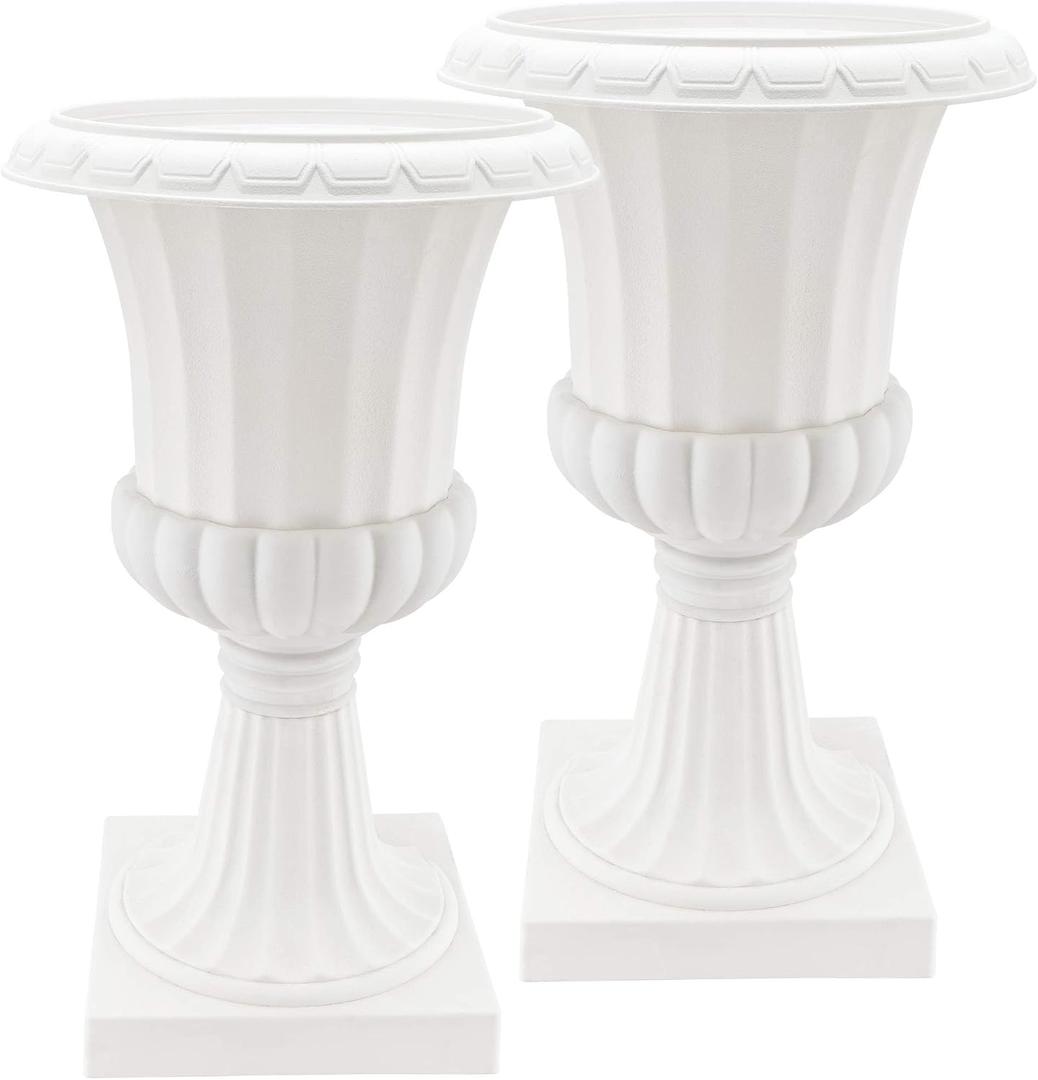 Arcadia Garden Products Plastic Garden Pedestal Urn, Set of 2 Classic Decorative Garden Pot Planter for Indoor and Outdoor Plants, 10 x 17, White