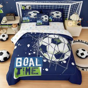 6 Piece Soccer Comforter Set Queen, Blue Soccer Theme Comforter, Soft Microfiber Soccer Bedding Set for Boys Kids (1 Comforter, 1 Flat Sheet, 1 Fitted Sheet, 2 Pillowcase and 1 Pillow Cover)