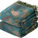 Boho Throw Blanket for Couch Sofa Bed, 100% Cotton Woven Quilt with Tassel 80x90, Super Soft Muslin Blanket with Floral Printed, Decorative Reversible Bed Blanket/Cover for All Seasons