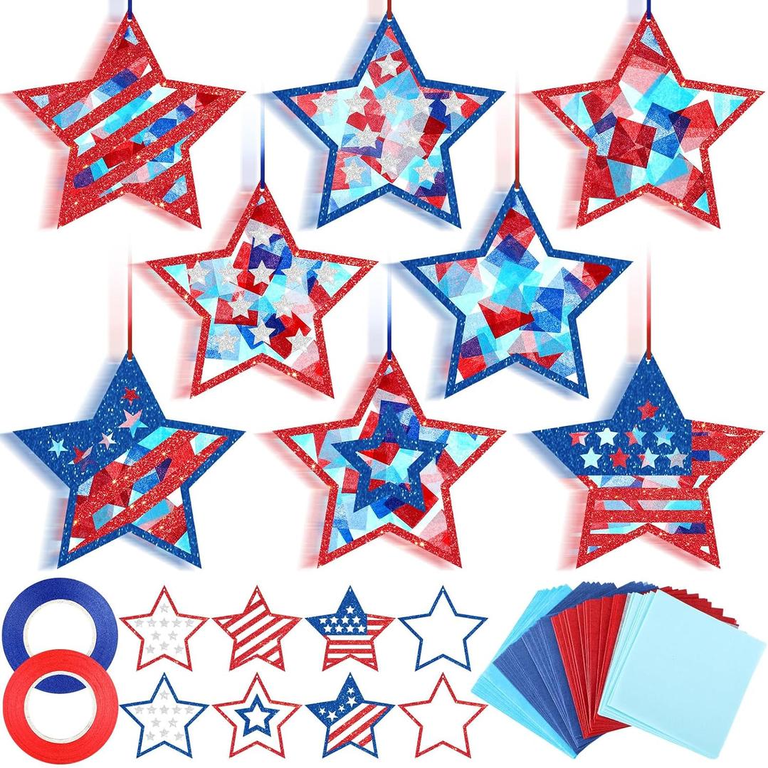 DoubleFill 48 Pcs Memorial Day Patriotic Suncatchers Crafts Kits 4th of July 250th Anniversary Crafts Red Blue White USA Tissue Paper Craft Make Your Own Stained Glass Window Ornaments for July 4th