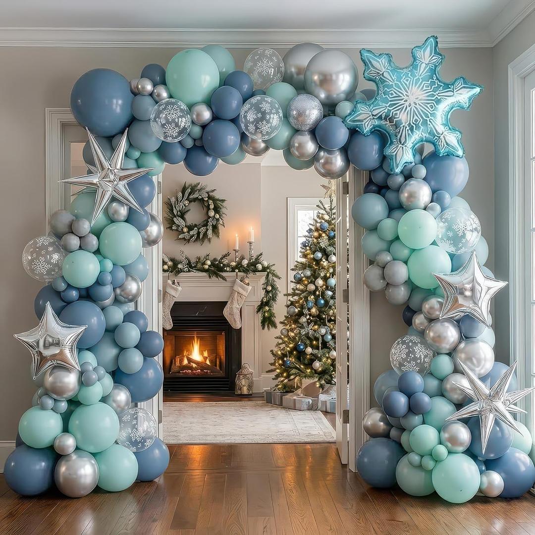 Winter Wonderland decorations with Dusty Blue Green Silver Gray Balloon arch & Foil Star balloons Artificial Snowflakes for baby its cold outside birthday Christmas new year eve party decorations