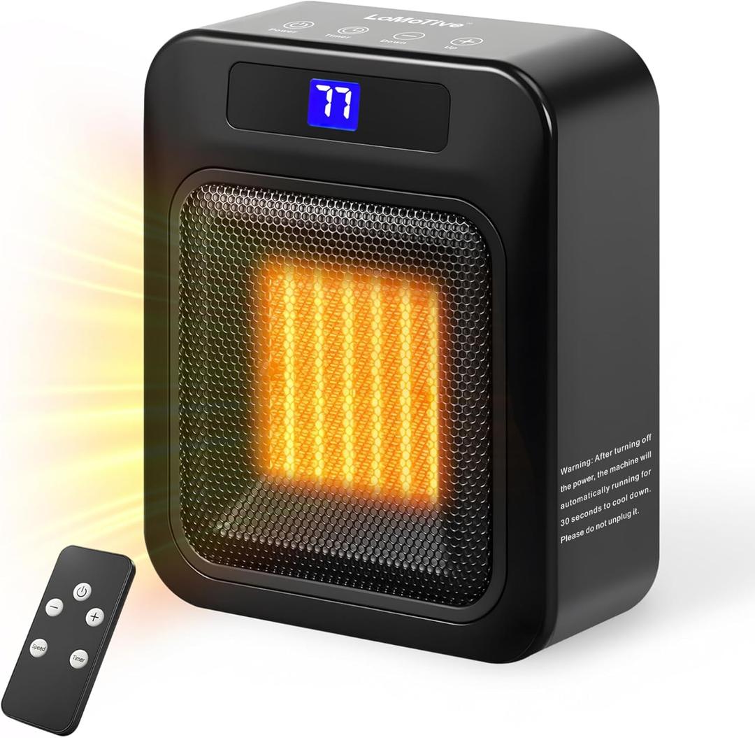 Space Heater Portable Desk Heater - Mini Heaters for Indoor Use with Thermostat and Remote 650W PTC Small Heater for Office Desk with Digital Display 12H Timer BLACK