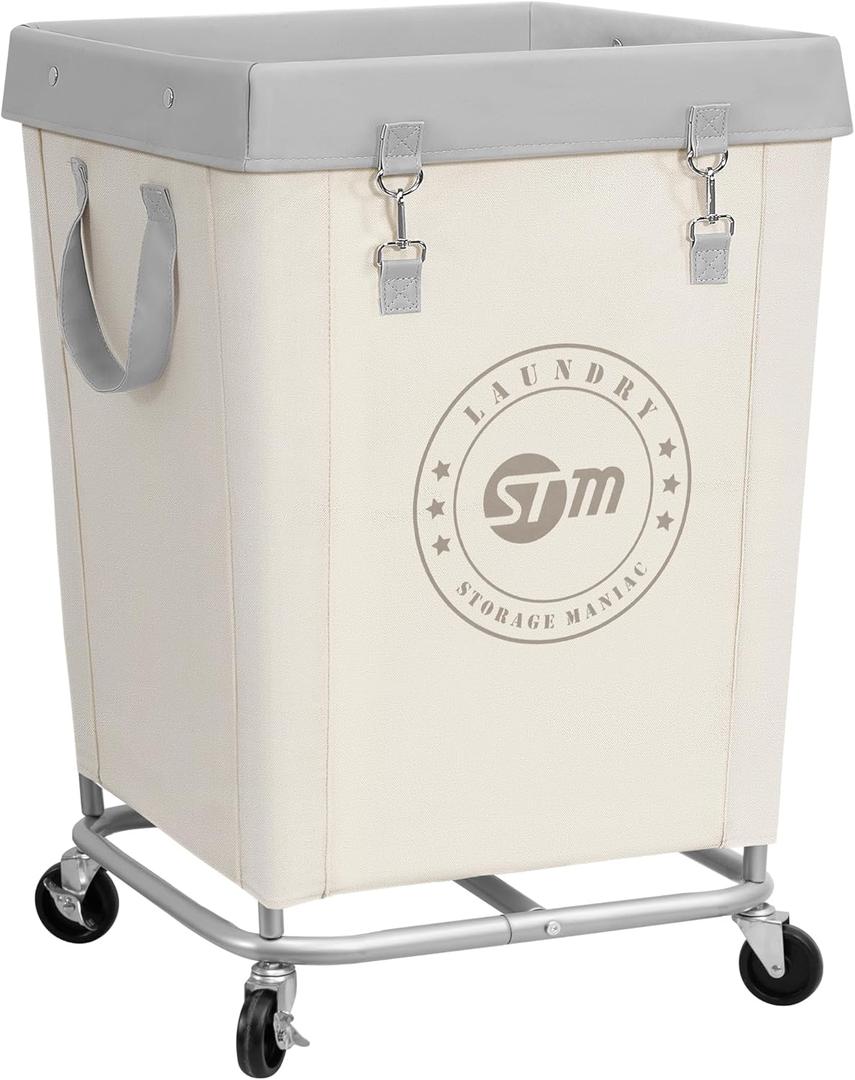 STORAGE MANIAC Commercial Laundry Hamper with Heavy Duty Steel Frame, 160 L Industrial Laundry Basket Cart with Wheels for Hotel, Home, Laundry Room, 18''L x 18''W x 31''H, Medium Beige