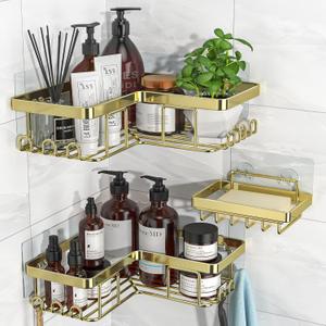 YASONIC Corner Shower Caddy, 3-Pack Adhesive Bathroom Caddy with Soap Holder and 12 Hooks, Rustproof Stainless Steel Shower Organizer, No Drilling Wall Mounted Shower Rack, for Bathroom, Gold
