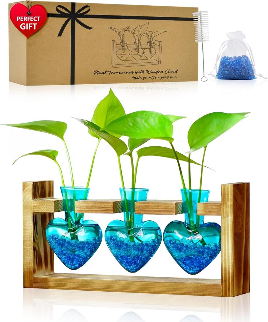 Nacome Plant Terrarium for Office Decor: Birthday Gifts for Plant Lovers Women Mom Wife - Wooden Stand Tabletop Planter 3 Bulb Glass Vase Heart Shaped for Hydroponics Indoor Home (Blue)