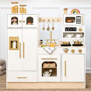 Wooden Play Kitchen Set with Tall Toy Fridge Pretend Play for Kids 3Y+, 35.4 x 36 x 12.6 inches