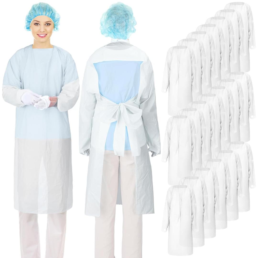 TrelaCo 20 Pack Disposable Isolation Gowns PPE Gowns Set with Sleeves Thumb Loops Waist Ties 46 Inch Large Waterproof CPE Odorless Disposable Gown for Home Isolation, Lab, Dental, Beauty (White)