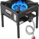 VEVOR Single Burner Outdoor Propane Gas Stove, 200,000 BTU Propane LPG Gas Camping Stove, Heavy Duty Carbon Steel Outdoor Cooker, with Shield & 20 PSI Regulator, for BBQ Camp Home Patio Seafood Boil