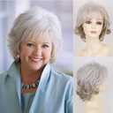 Short Grey Wigs for White Women Natural Curly Short Layered Silver Gray Pixie Cut Wigs with White Bangs Synthetic Hair Silver WIG for Older Women