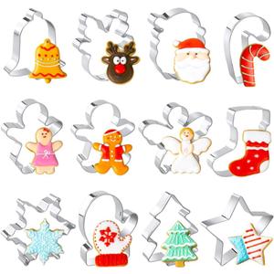 Christmas Cookie Cutters Set, 12 Pieces Stainless Steel Metal Christmas Cookie Cutters Shapes - Gingerbread Men,Christmas Tree,Snowflake, Candy Cane, Santa Face, Star and More