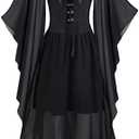 FEAPHY Women's Gothic Dress Vintage Chiffon Cold Shoulder Flare Sleeve High Low Dress