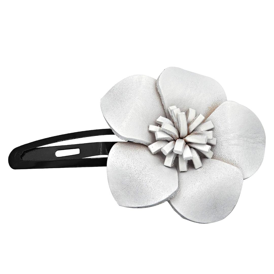 AeraVida Handmade White Leather Azalea Flower Barrette Clip Floral Design Fashion Hair Accessory Lightweight Vintage Style Statement Clip